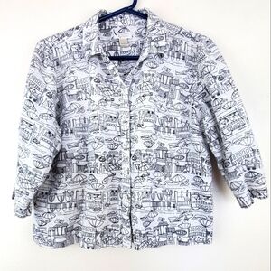 Christopher & Banks Linen Blend Boxy Jacket Black White Graphic Print Sz Large